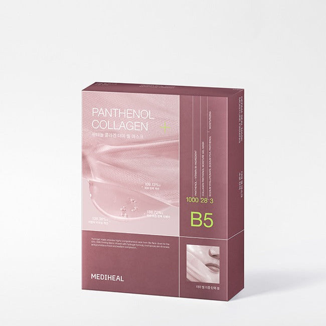 Box of MEDIHEAL Panthenol Collagen B5 face masks for hydration and skin care.