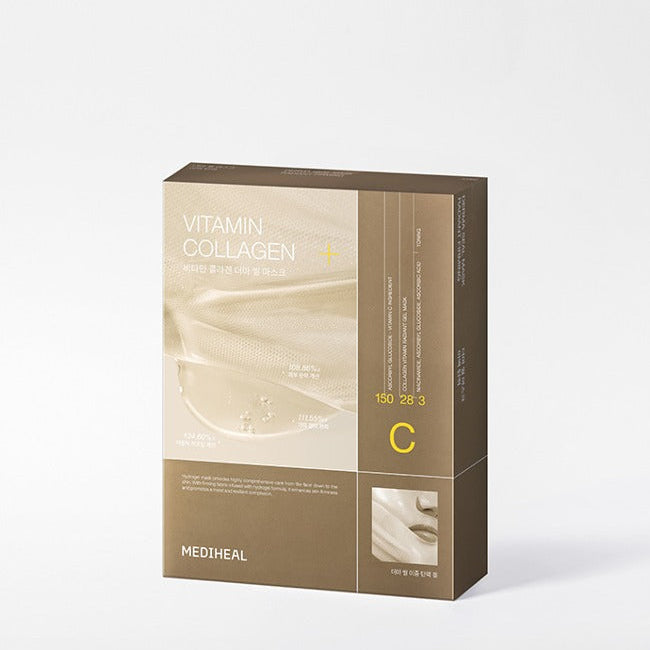Mediheal Vitamin Collagen face mask packaging with skincare benefits highlighted.