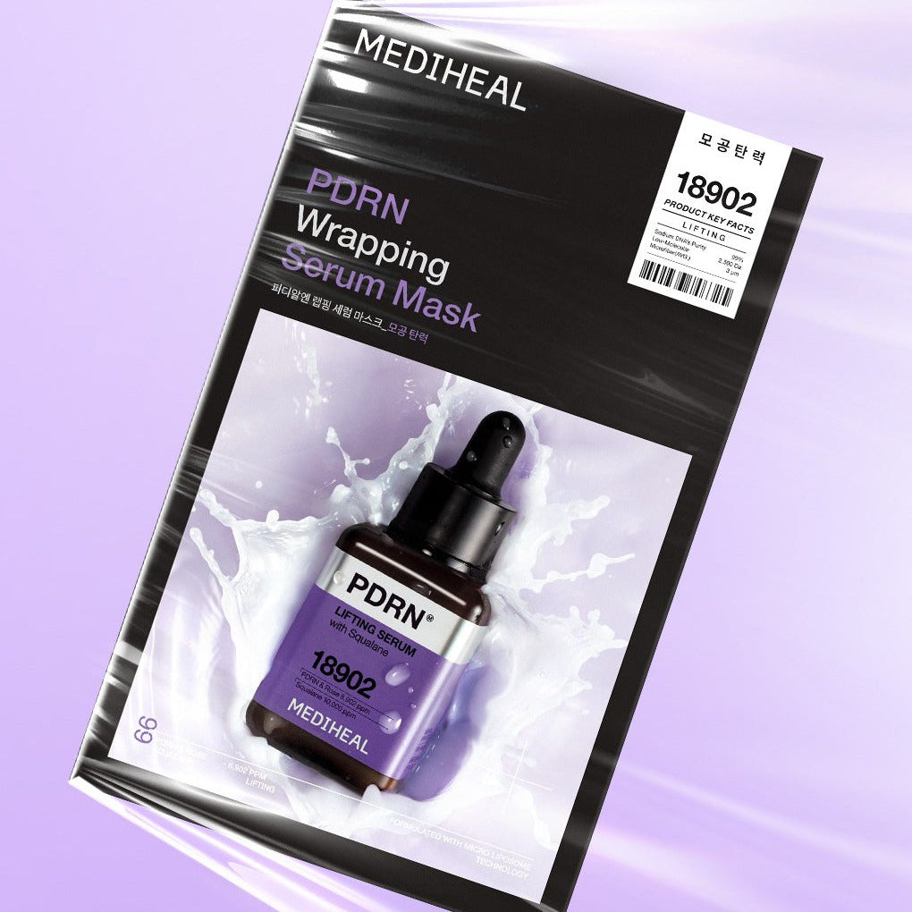 MEDIHEAL PDRN Wrapping Serum Mask Pore Elasticity10 sheets packaging with serum bottle on a purple background