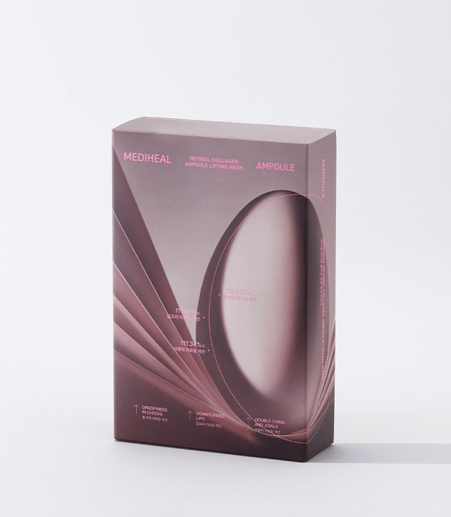 Box of MEDIHEAL Retinol Collagen Ampoule Contour Mask 10 sheets with sleek packaging design.