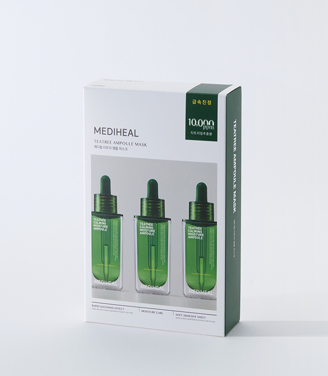 Box of MEDIHEAL Tea Tree Ampoule Mask 10 sheets with green ampoule design.