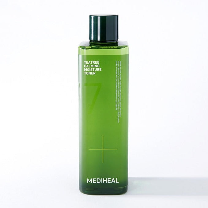 Image of MEDIHEAL Teatree Calming Moisture Toner 350ml in a green bottle.