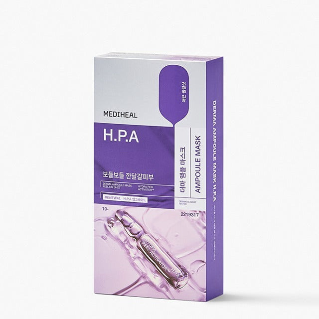 Packaging of MEDIHEAL The HPA Ampoule Mask 10 sheets showing purple and white design.