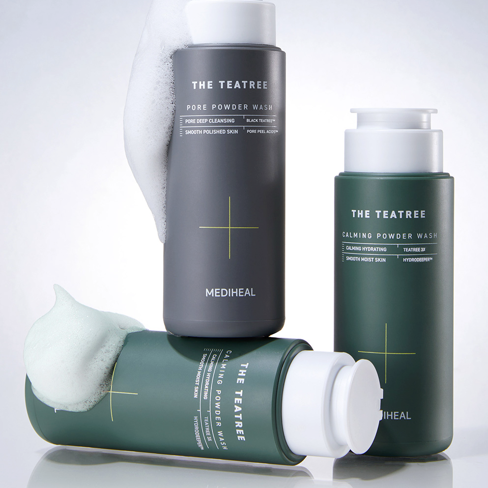 MEDIHEAL The Teatree Powder Wash 50g bottles with foaming cleanser, ideal for pore cleansing and skin hydration.