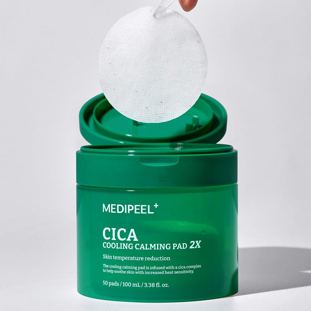 MEDIPEEL Cica Cooling Soothing Pads 2X 100ml 50 Sheets in open jar, indicating pad texture and packaging.