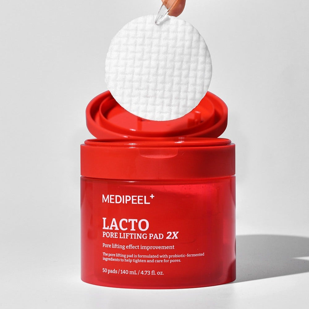 MEDIPEEL Lacto Pore Lifting Pads 2X 140ml 50 Sheets in red container with lifting pad shown above