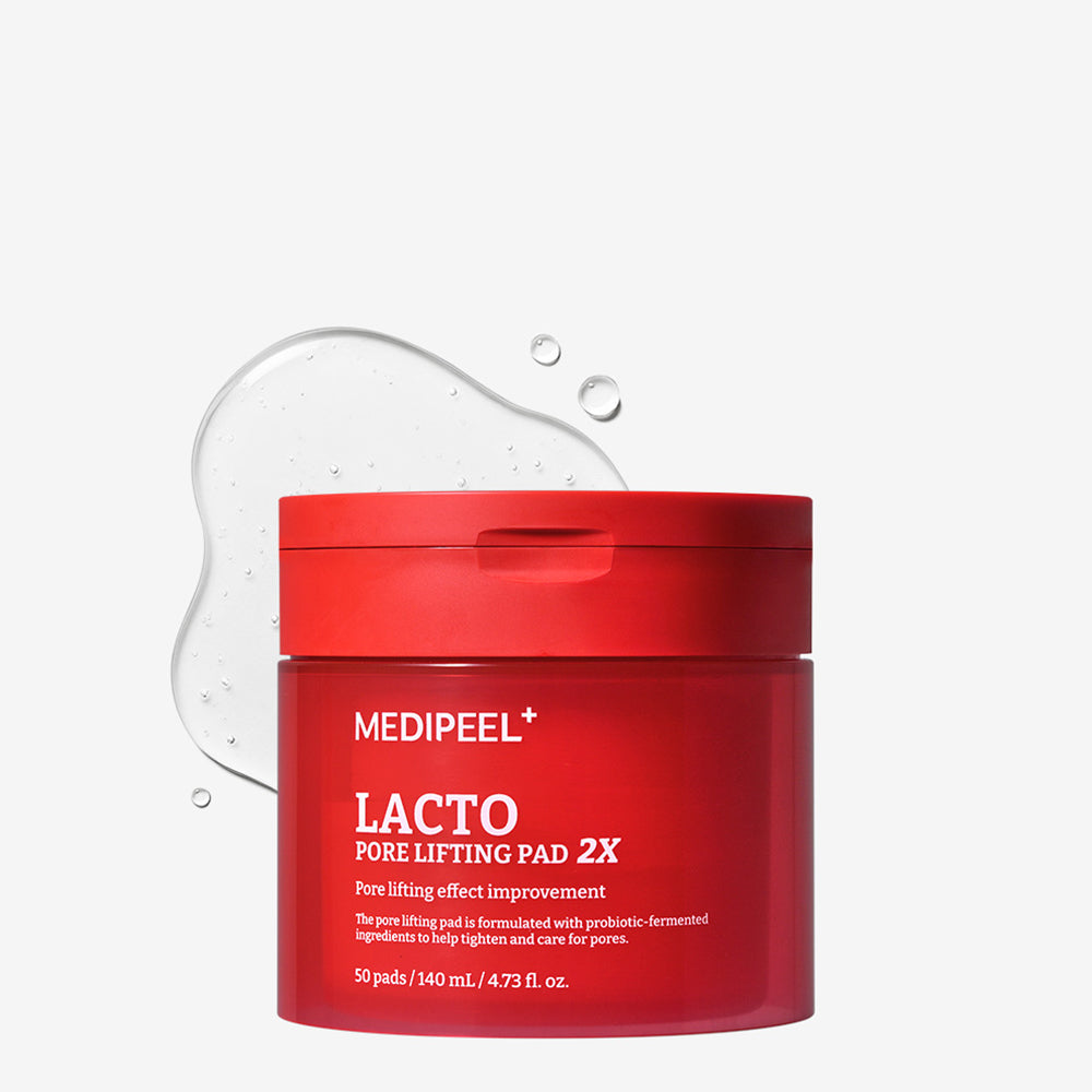 MEDIPEEL Lacto Pore Lifting Pads 2X 140ml 50 Sheets in red container with liquid splash in background.