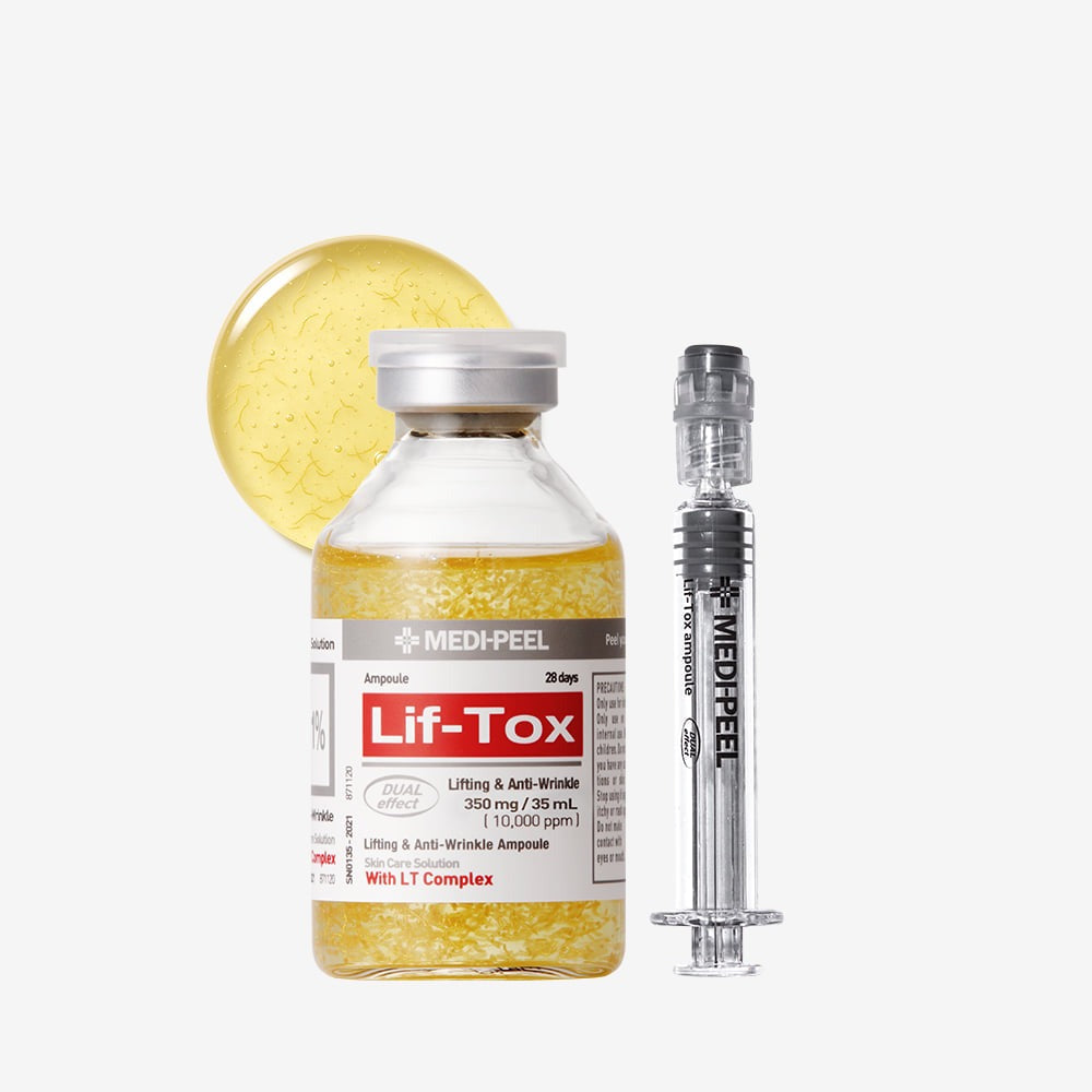 MEDIPEEL Leaf Tox Ampoule 35ml lifting and anti-wrinkle product with syringe on white background.