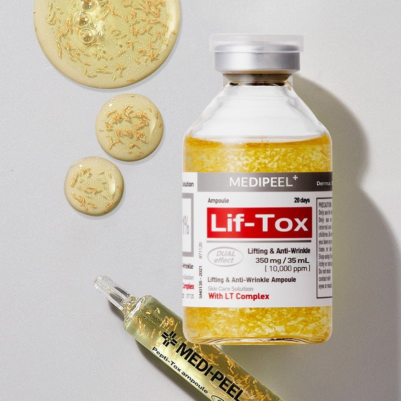 MEDIPEEL Leaf Tox Ampoule 35ml bottle with liquid swatches, highlighting anti-wrinkle dual effect.