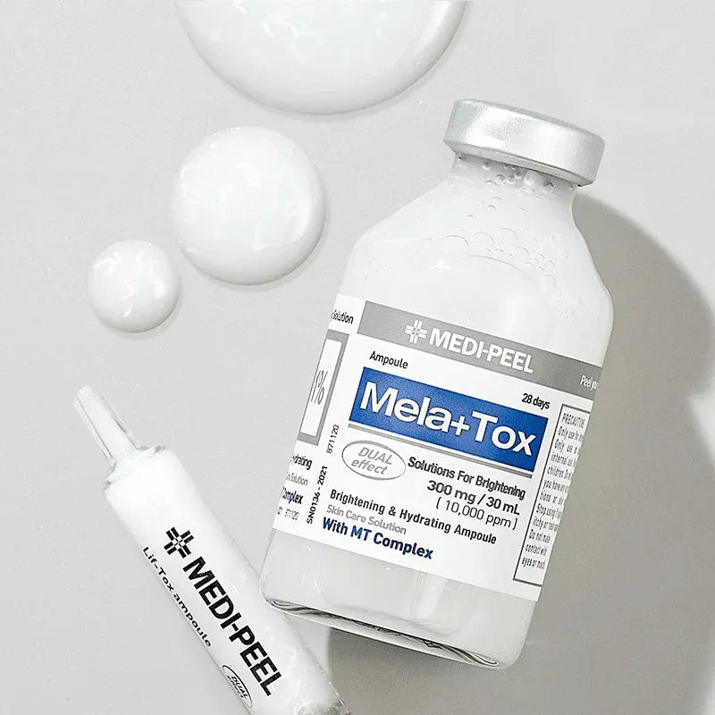 MEDIPEEL Mela Plus Tox Ampoule 35ml bottle with product highlights and applicator on gray background