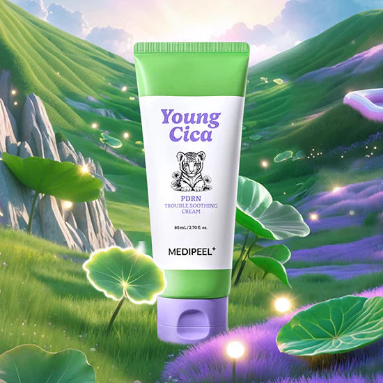 Image of MEDIPEEL Young Cica PDRN Trouble Soothing Cream 80ml with scenic background.