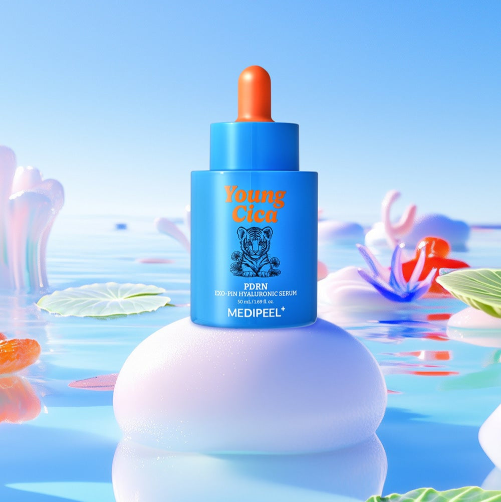 MEDIPEEL Young Cica PDRNExo-Pin Hyaluronic Serum 50ml bottle in a serene aquatic setting
