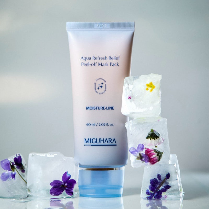 MIGUHARA Aqua Refresh Relief Peel Off Mask Pack 60ml with floral ice cubes in background showcasing skincare essence.