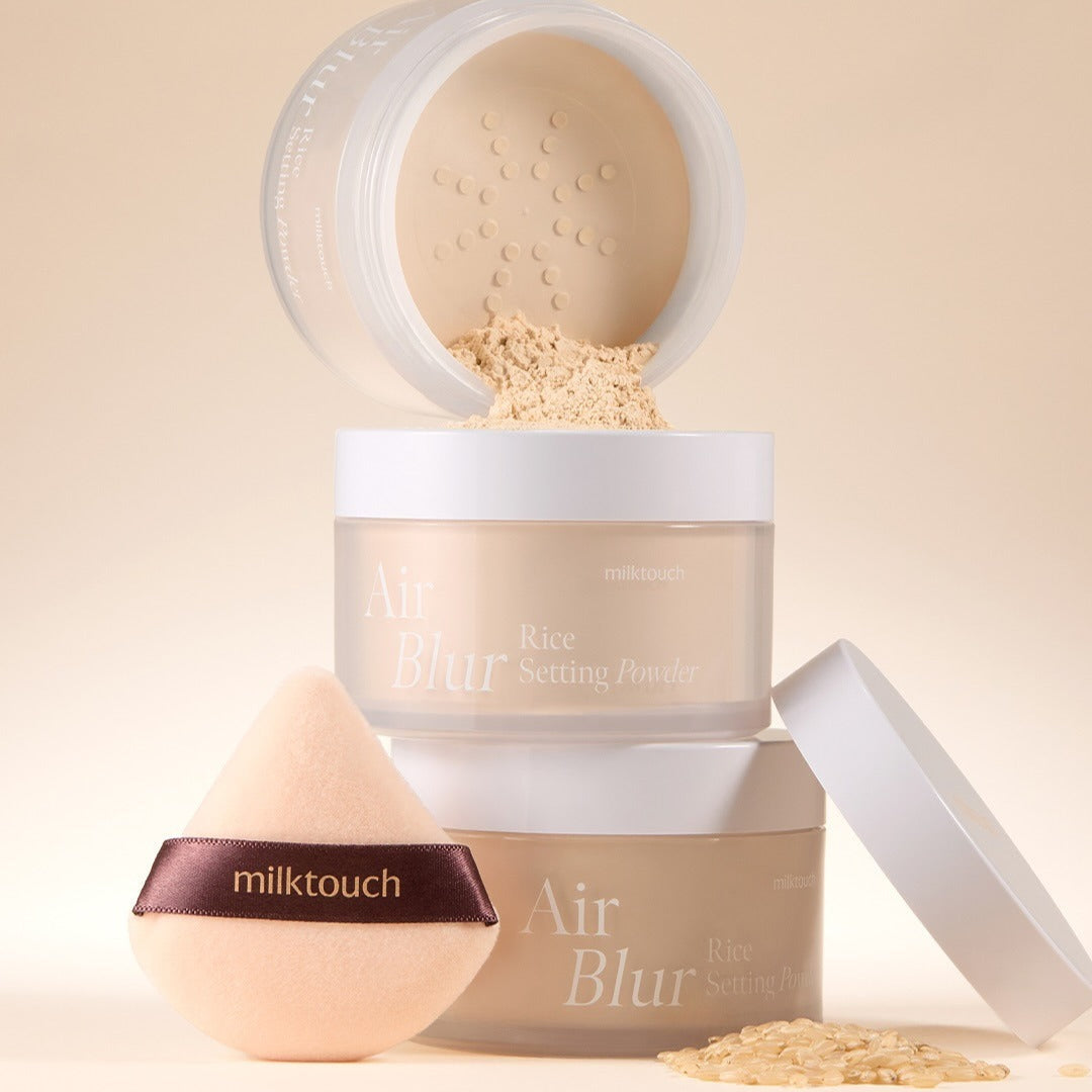 MILK TOUCH Air Blur Rice Setting Powder with sponge applicator showcasing smooth finish for flawless makeup