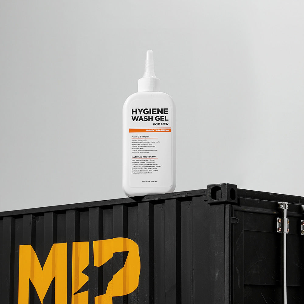 MIP Hygiene Wash Gel Men's Cleanser Set 2 Pieces - Gentleman Korea product image of white bottle on black crate