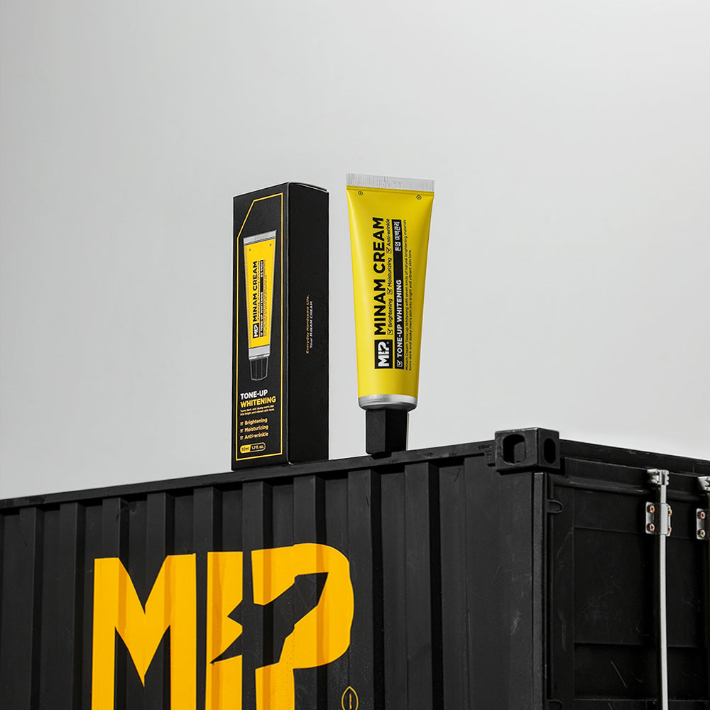 MIP Minam Cream Tone-up Whitening + Vita Energy Foam CLeansing on black crate packaging by Gentleman Korea for men skincare
