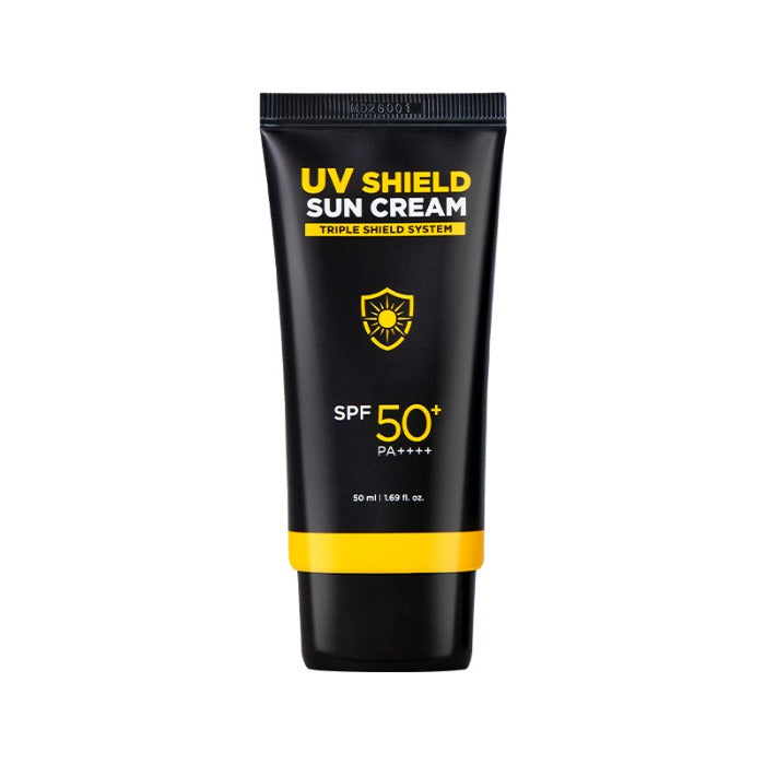 Gentleman Korea product shot of MIP UV Sheild Sunscreen 50ml black tube, SPF 50+ sun cream for men, travel-size 50ml