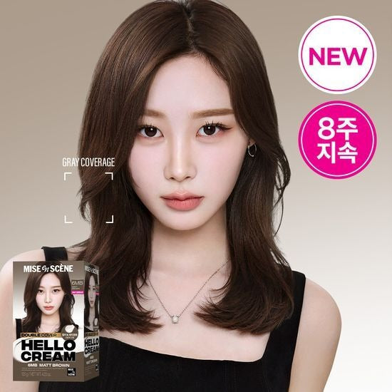 MISE EN SCENE New Hello Cream Dye for hair coloring with a model and product box.