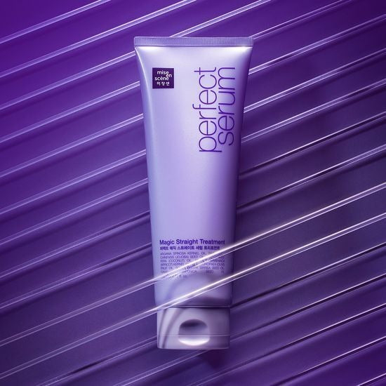 MISE EN SCENE Perfect Magic Straight Serum Treatment 230ML tube on a purple background