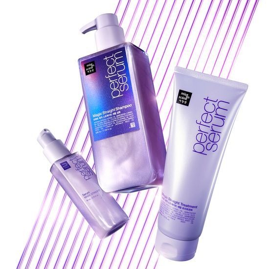 MISE EN SCENE Perfect Magic Straight Serum Treatment 230ML product display with lavender packaging