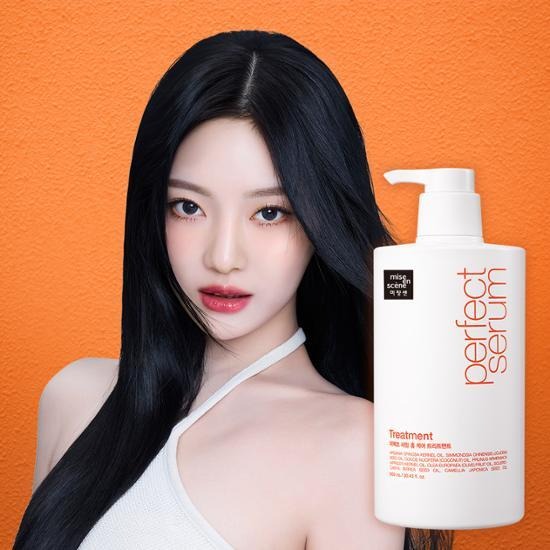 Woman with long black hair next to a bottle of MISE EN SCENE Perfect Serum Home Care Treatment 900ml against an orange background.