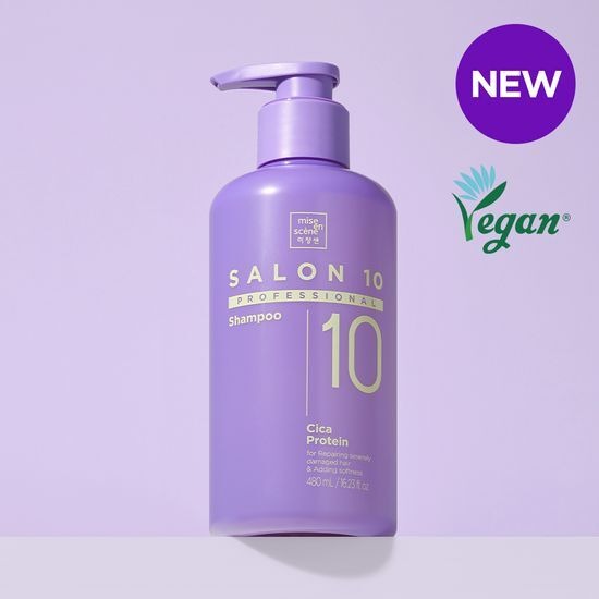 MISE EN SCENE Salon 10 Professional Cica Protein Shampoo 480ML bottle with vegan and new design labels.