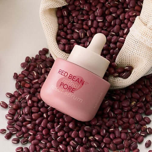 MISSHA Pattinol Pore Reset Serum 30ml bottle surrounded by red beans, highlighting skincare benefits and packaging.