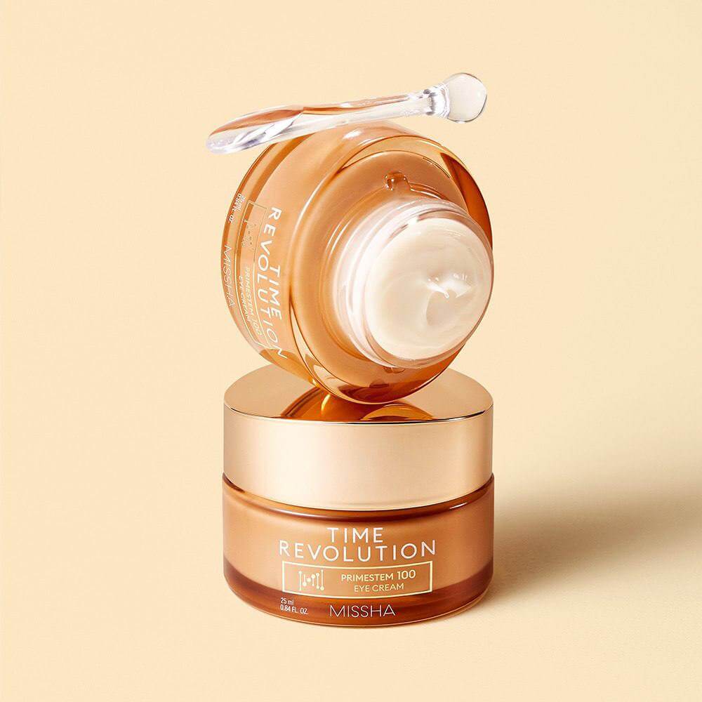 MISSHA Time Revolution Primestem100 Eye Cream 25ml jar and applicator on display