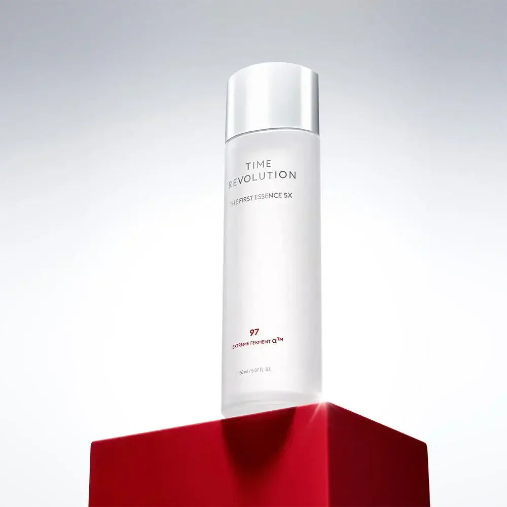 MISSHA Time Revolution The First Essence 5X 180ml bottle on red platform