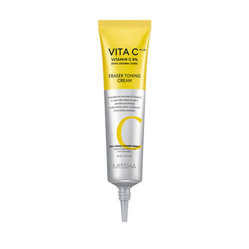 Image of MISSHA Vita C Plus Eraser Toning Cream 30ml in a yellow and white tube.