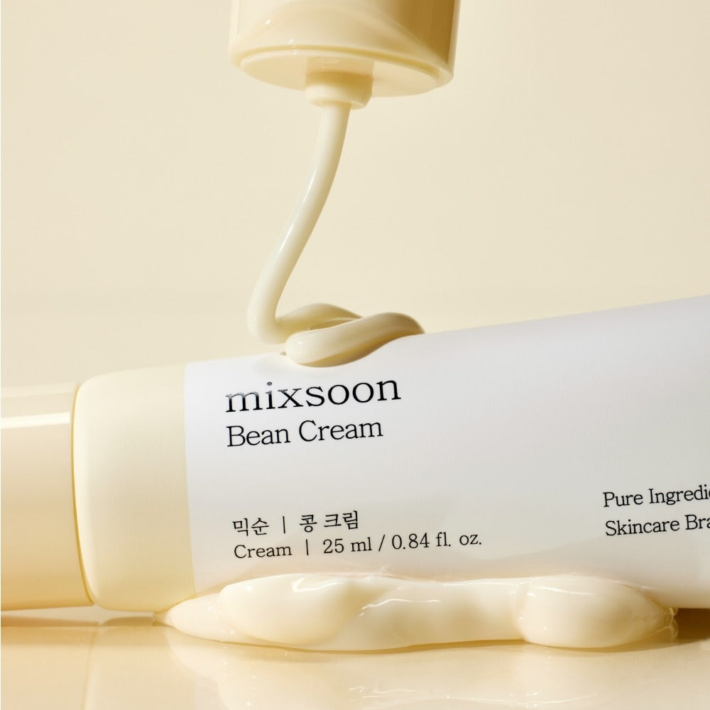 MIXSOON Bean Cream 25ml bottle with cream texture shown, highlighting skincare benefits.