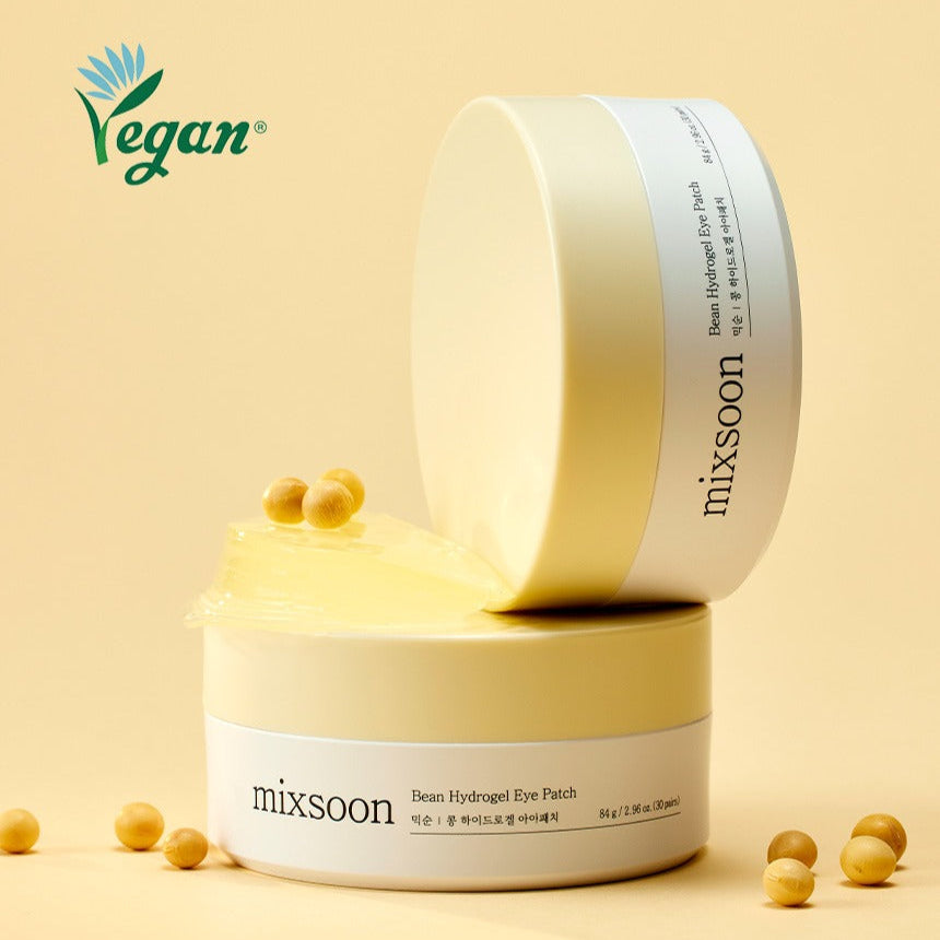 MIXSOON Bean Hydrogel Eye Patch 60 Sheets in yellow packaging with vegan logo.