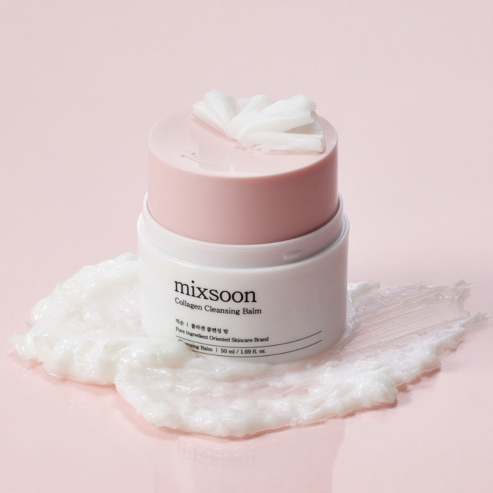 MIXSOON Collagen Cleansing Balm 50ml product on a smooth surface with creamy texture, emphasizing skincare and beauty.