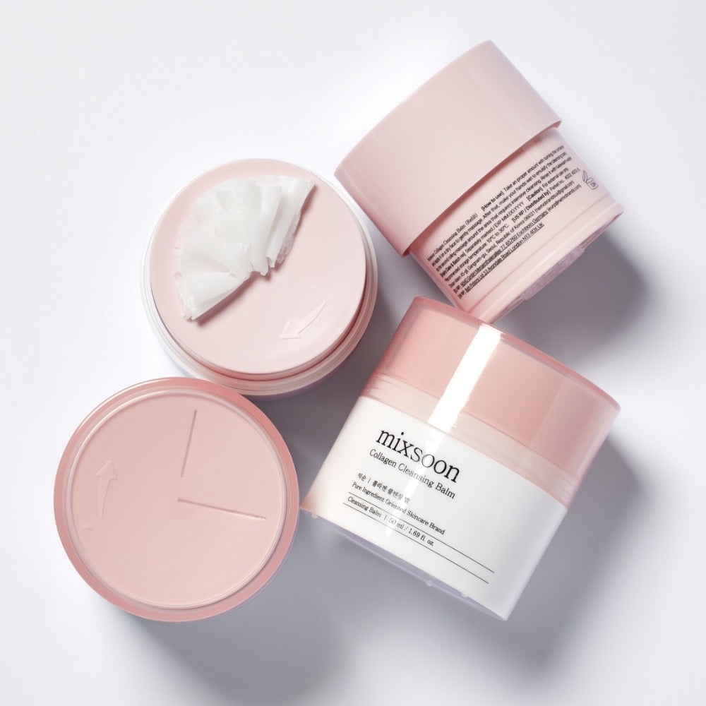 MIXSOON Collagen Cleansing Balm 50ml open containers showcasing product texture and packaging design.