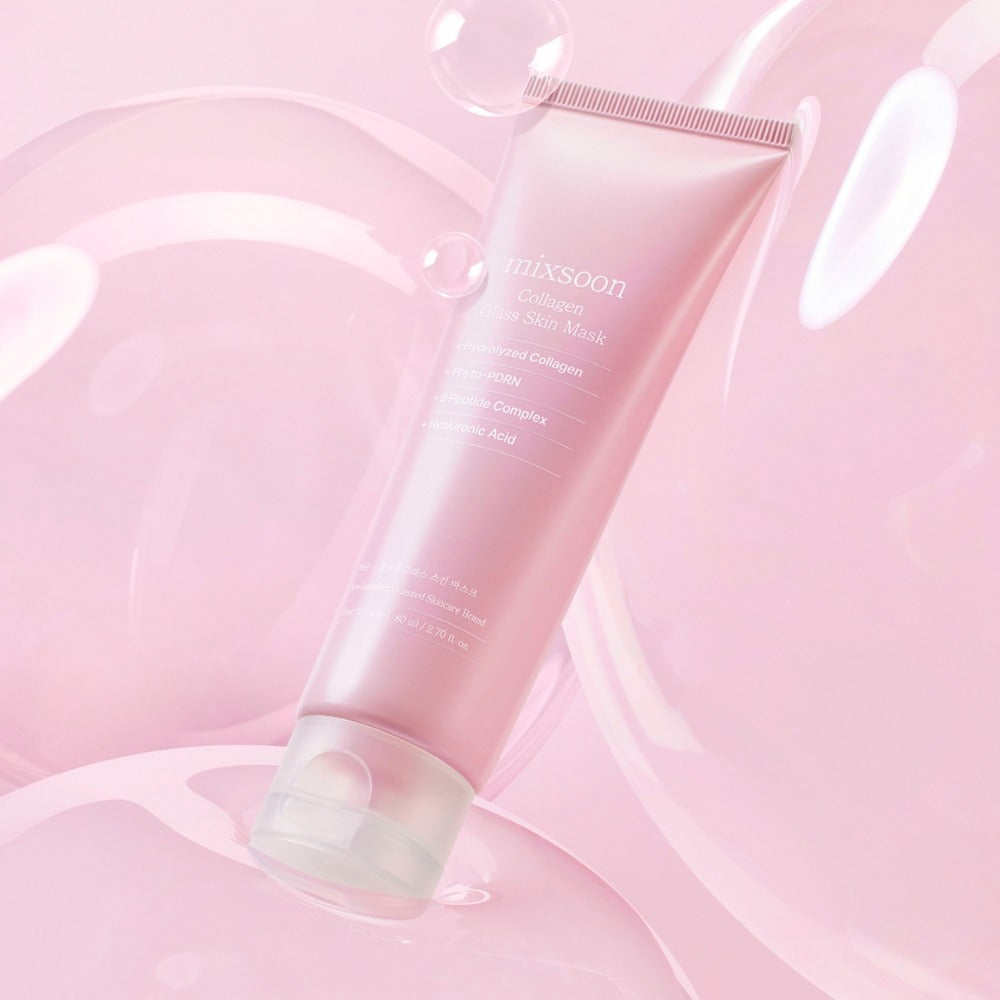 MIXSOON Collagen Glass Skin Mask 80ml on pink background with bubbles, highlighting skincare and hydration benefits.