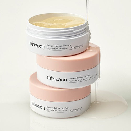 Stack of MIXSOON Collagen Hydrogel Eye Patch 60 sheets features luxurious skincare product showcasing premium packaging and hydrating essence.