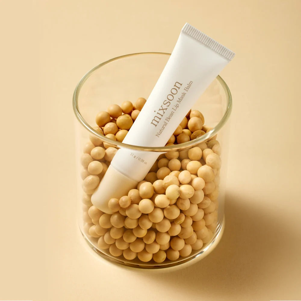 MIXSOON Natural Bean Lip Mask bean in a clear glass with natural beans, nourishing lip care product display.