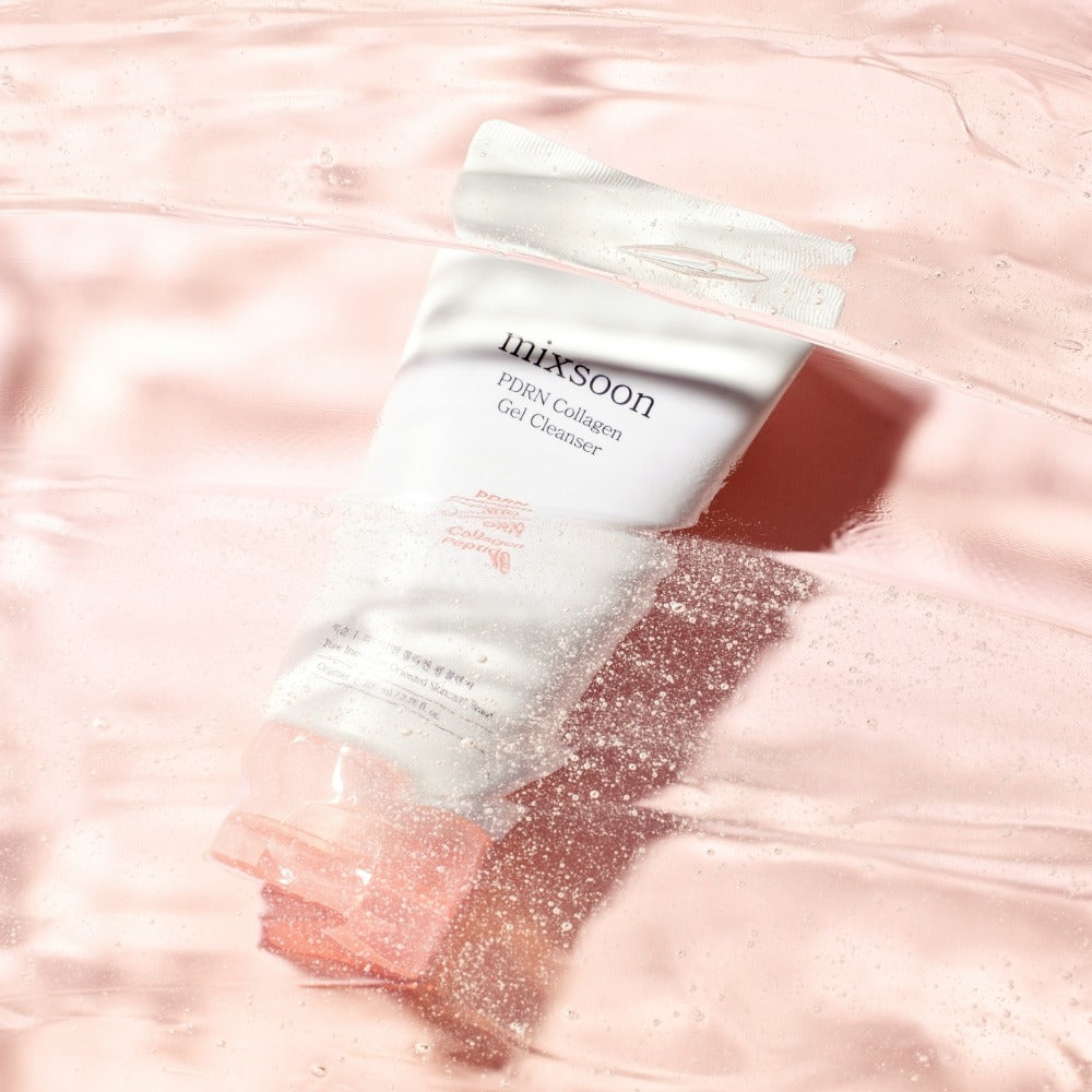 MIXSOON PDRN Collagen Gel Cleanser 100ml tube in water with pink background