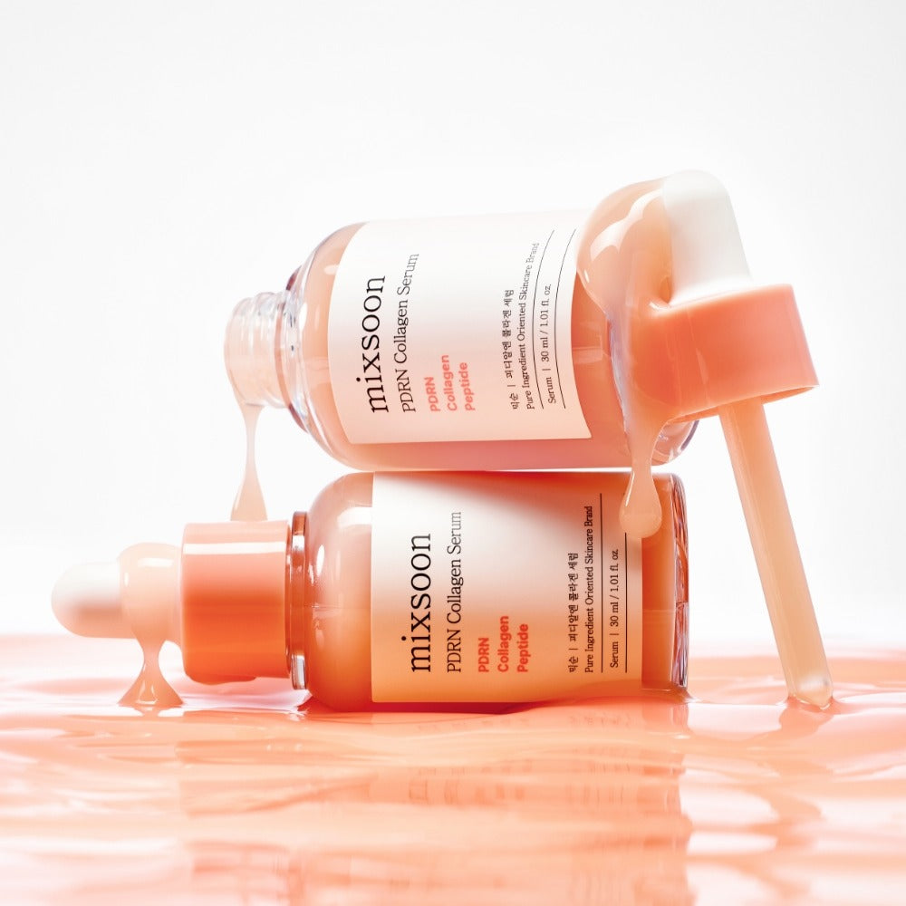 Two bottles of MIXSOON PDRN Collagen Serum 30ml with droppers, showcasing the serum consistency.
