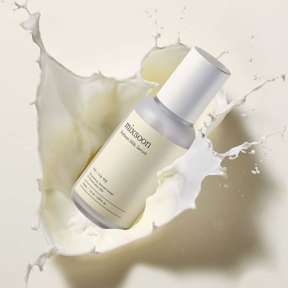 MIXSOON Soybean Milk Serum 50ml product bottle in a splash of soybean milk