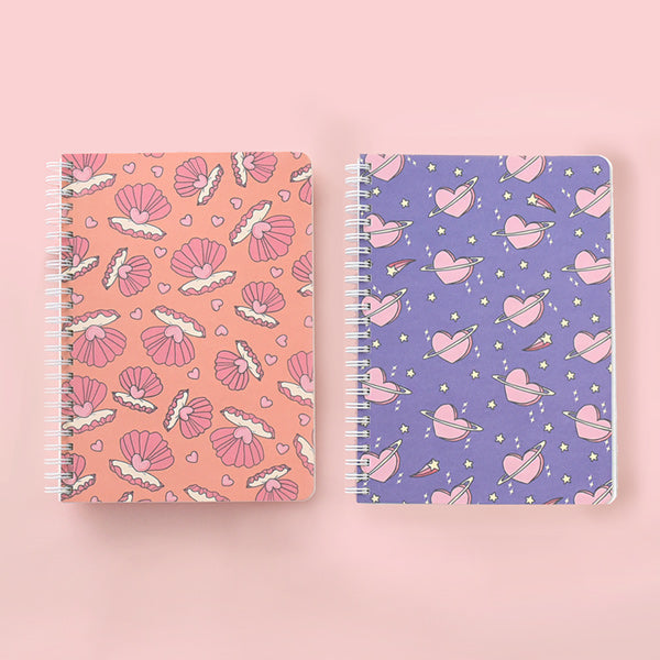 MONOLIKE Fantastic A5 Notebook with pink shell and purple planet designs on covers, perfect for note-taking and journaling.