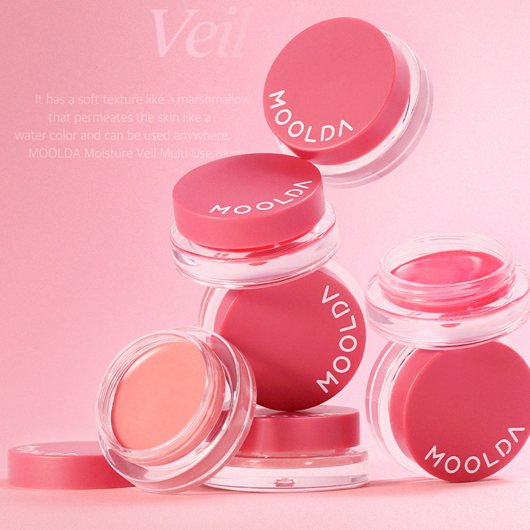 MOOLDA Water Moisture Veil Multi-Use Blusher in elegant pink packaging, showcasing multi-use versatility for a radiant look.