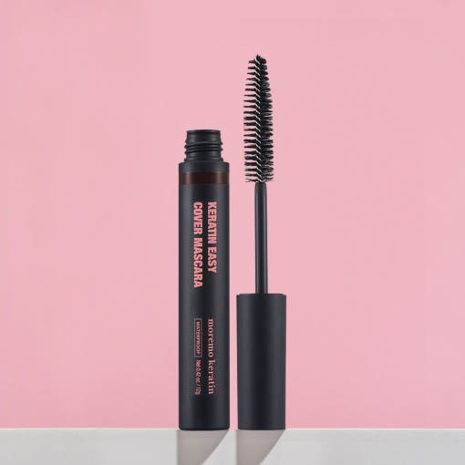 MOREMO Keratin Easy Cover Mascara for precise hair touch-up on pink background