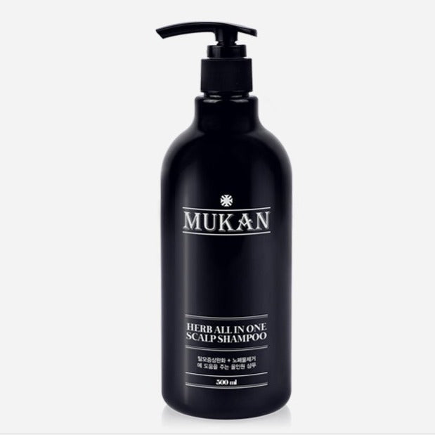 MUKAN Herb All In One Scalp Shampoo 500ml — Gentleman Korea men’s herbal scalp shampoo in black pump bottle