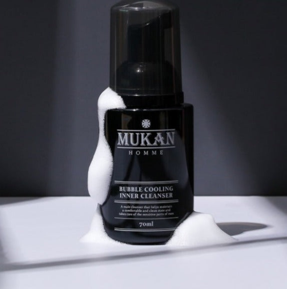 MUKAN Homme Bubble Cooling Inner Cleanser 70ml by Gentleman Korea – black bottle with white foam, cooling bubble cleanser for men, 70ml