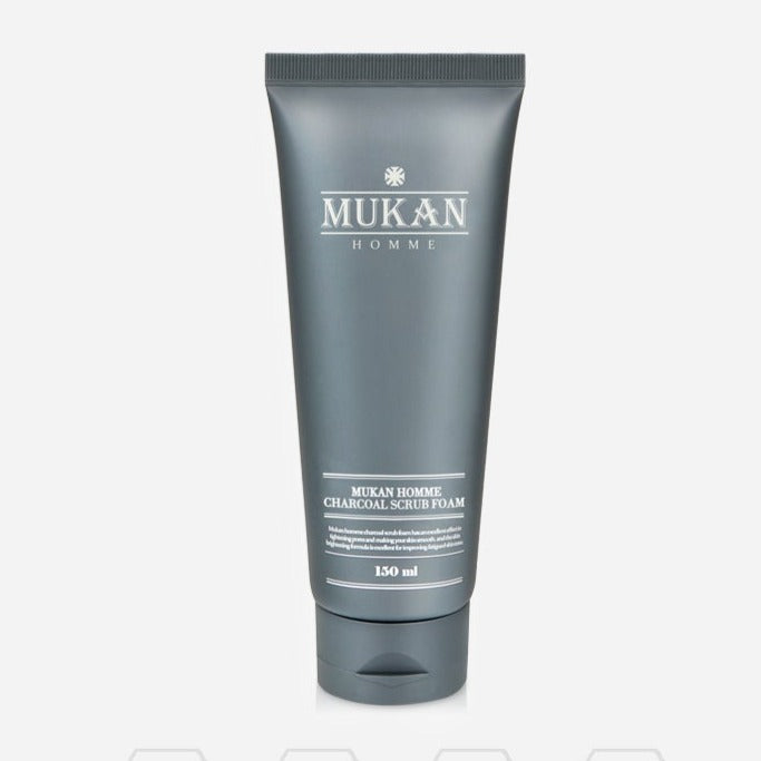 MUKAN Homme Charcoal Scrub Foam 150ml – Gentleman Korea export image of charcoal scrub foam for men, 150ml grey tube
