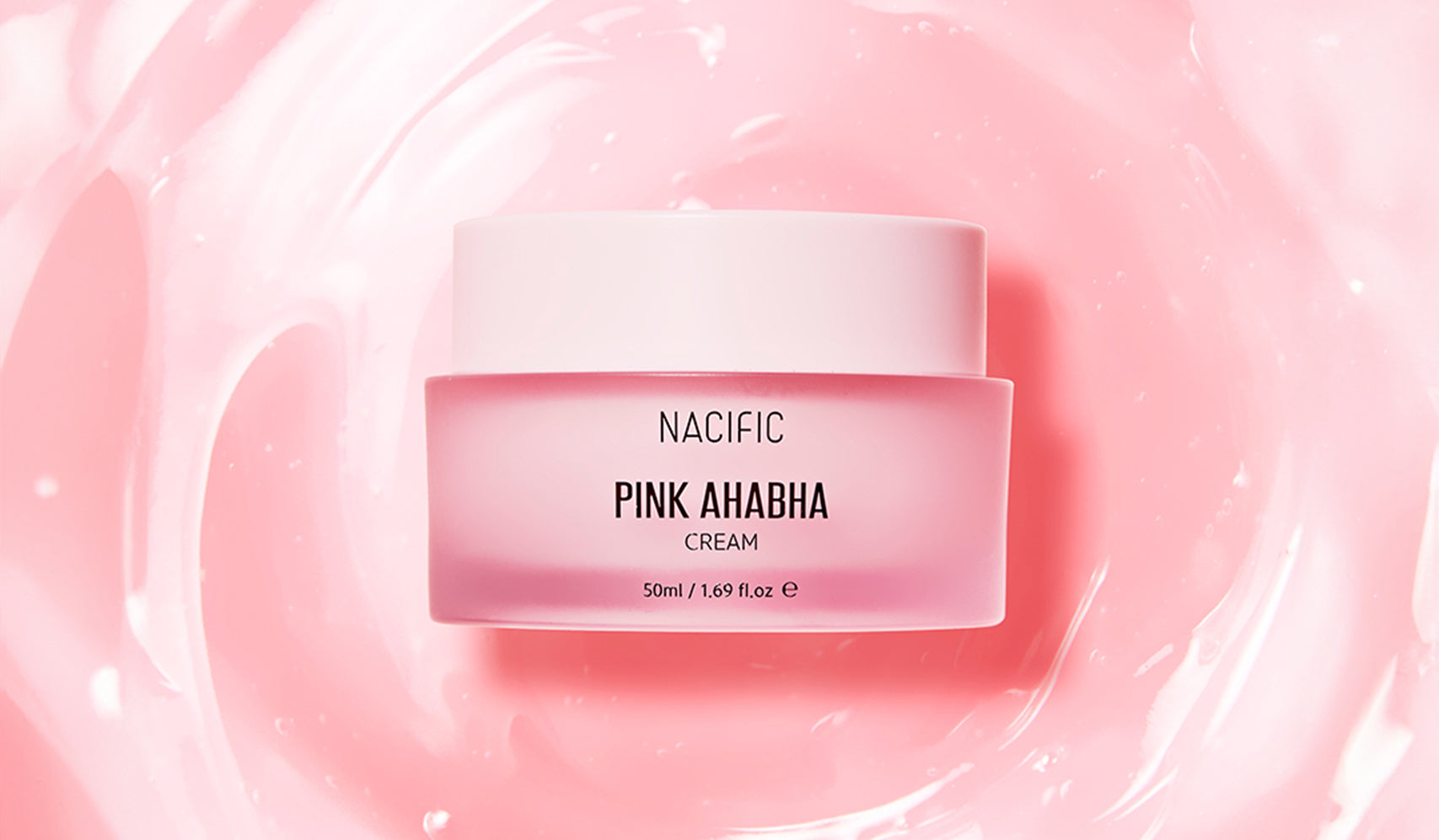 Nacific Pink AHABHA Cream in a pink jar with a swirling pink background, highlighting skincare and beauty product presentation.