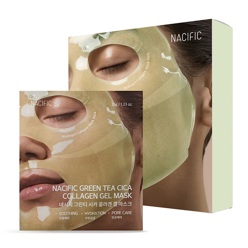 NACIFIC Green tea Cica Collagen Gel Mask set featuring soothing and hydrating sheet masks for pore care, boxed set of 4.