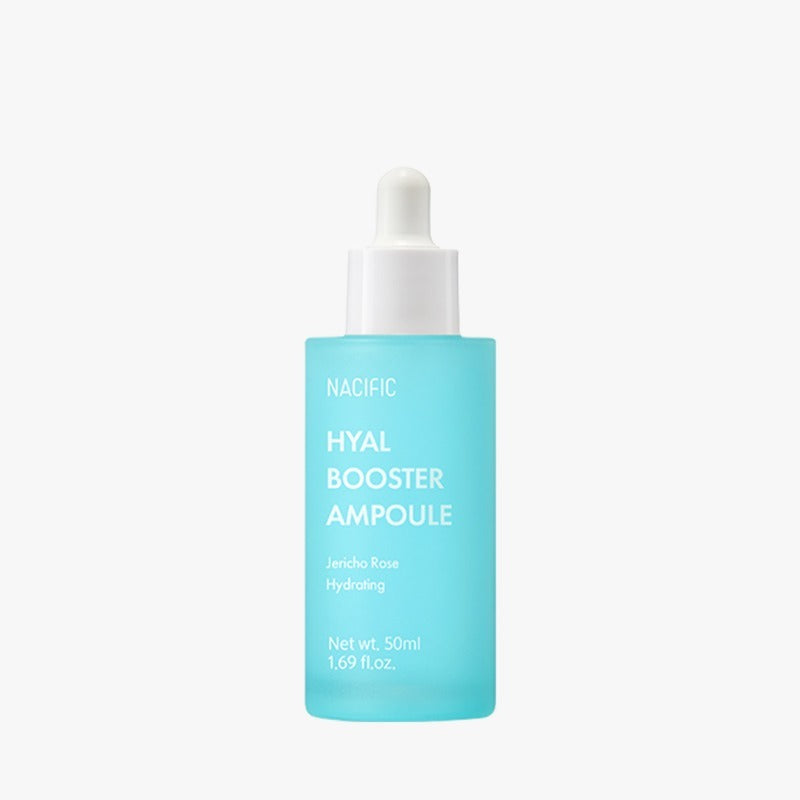 NACIFIC Hyal Booster Ampoule 50ml with hydrating formula in a blue bottle, ideal for skin rejuvenation and moisture retention.