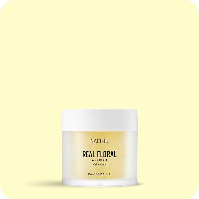 NACIFIC Real Floral Air Cream 100ml in a yellow jar on a soft yellow background.
